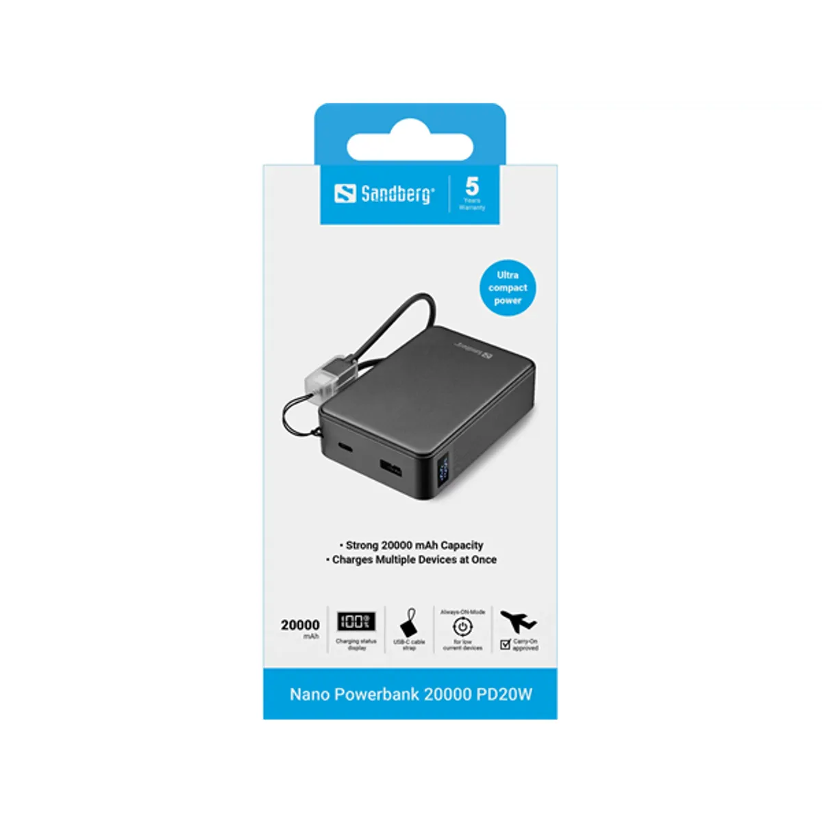 Sandberg 421-40 Nano Powerbank 20000 PD20W USB-C USB-A digitális kijelző #4