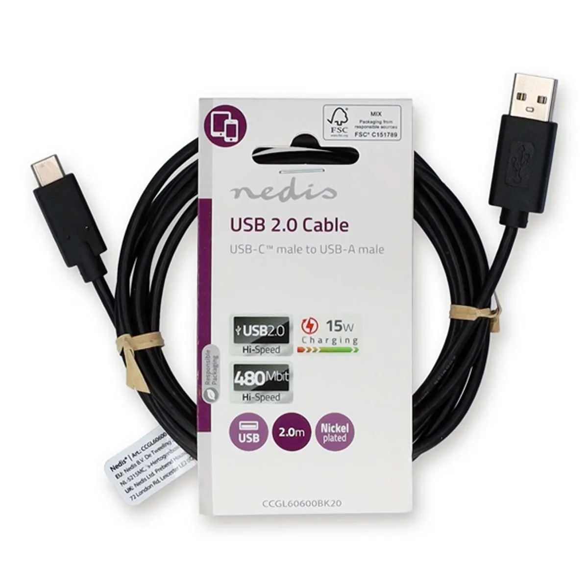 Nedis CCGL60600BK20 USB A - USB C kábel fekete USB 2.0 15W 2 m #3