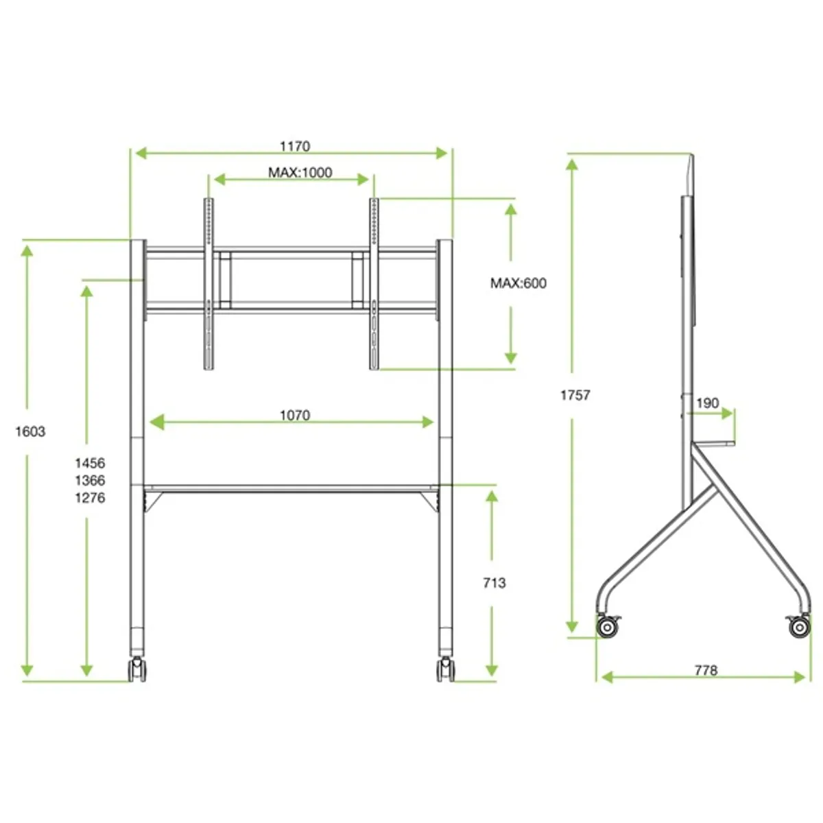 TECHLY ICA-TR53LB gurulós padlóállvány 65-100" fekete kijelzőhöz #2