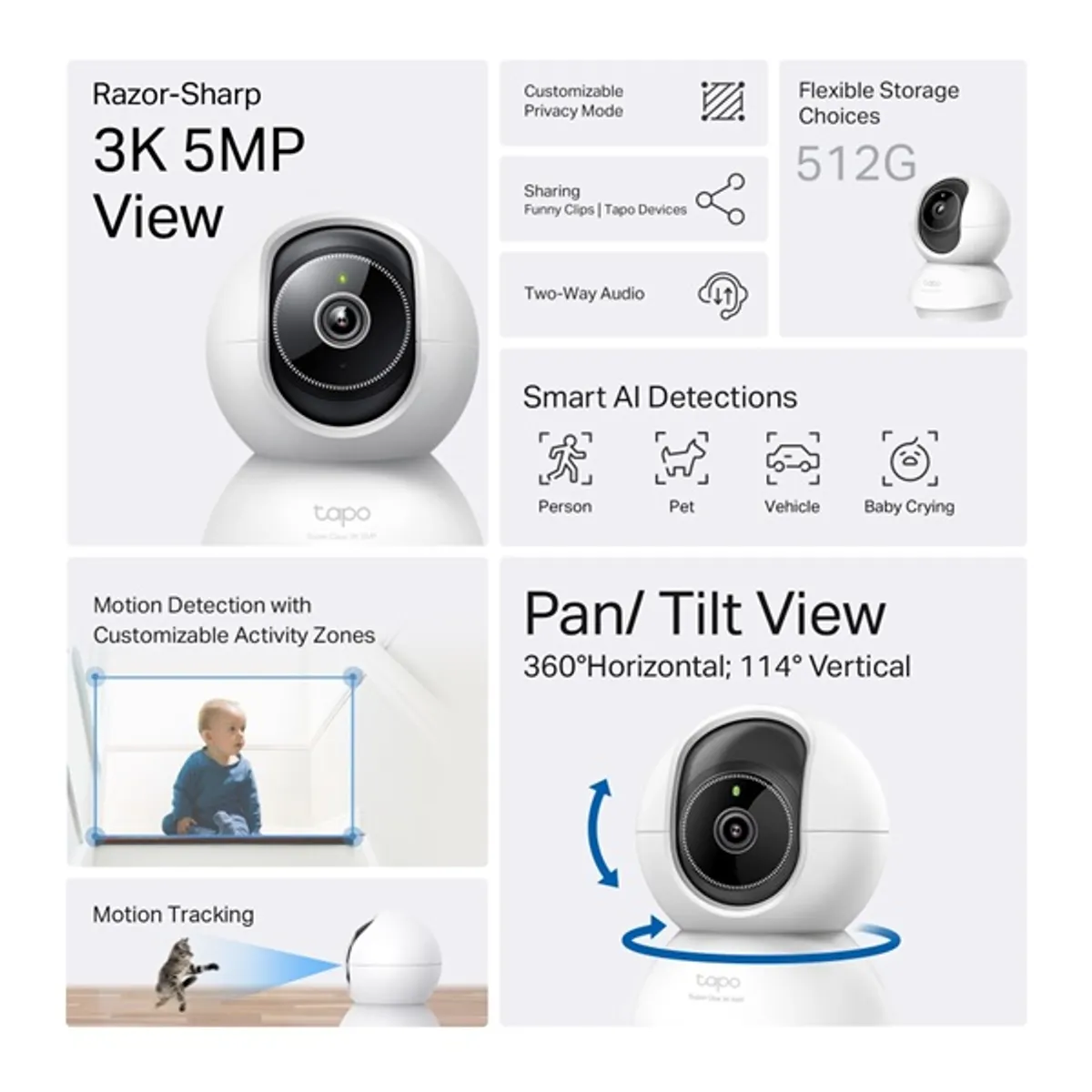 TP-LINK TAPO C230 Tapo C230 Pan Tilt AI beltéri WiFi kamera 3K 2880x1620 12 m éjjellátó 340 fok pásztázás #2