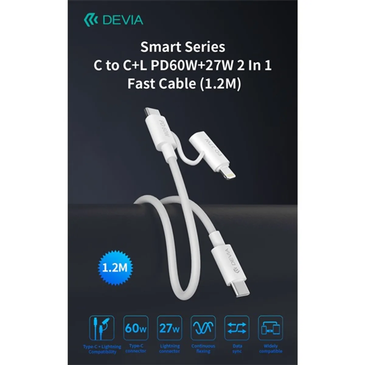 Devia ST121485 Smart Series 60W 27W PD Type-C Type-C Lightning 1,2m fehér #2