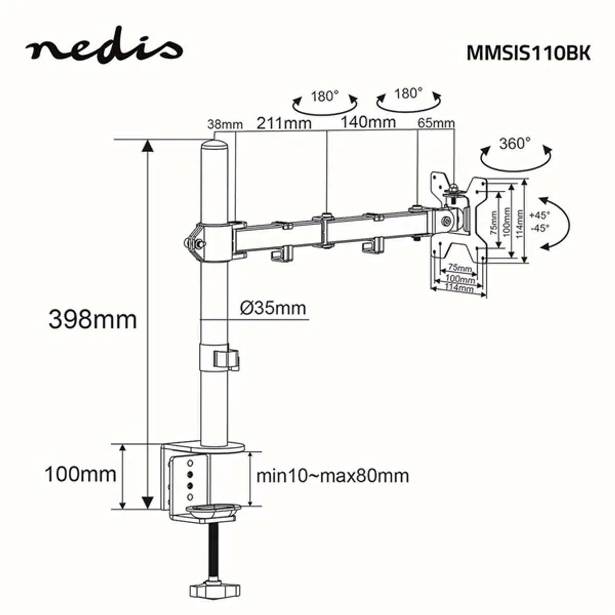 NEDIS MMSIS110BK asztali monitor tartó 15"-32" 75x75 100x100 3 forgáspont 180 fok fekete #5