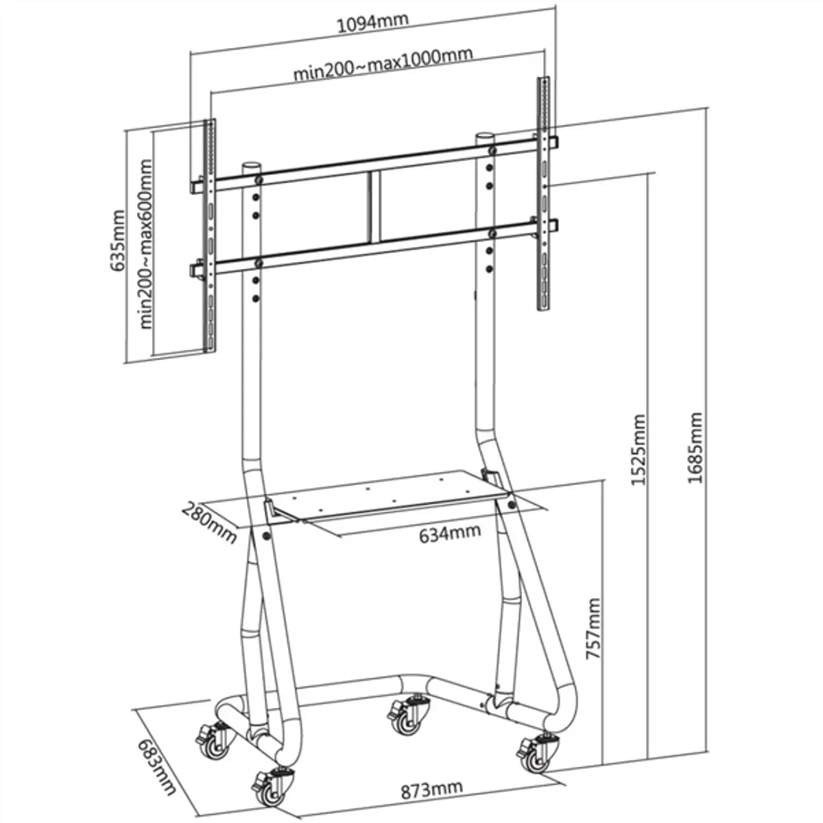 TECHLY ICA-TR38 gurulós padlóállvány 60"-105" TV-hez, max 100 kg, VESA 1000x600, belső kábelkezelés, polc 280x634 mm, 4 kerék, fekete #3