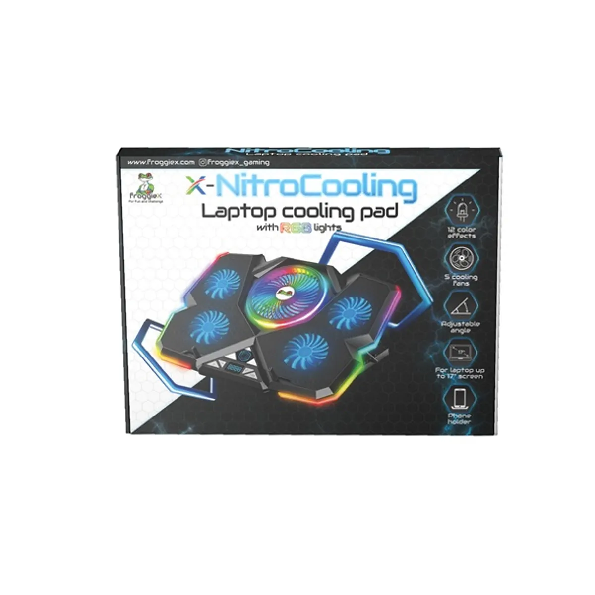 Froggiex FX-PC-P1-BL NitroCooling 5 ventilátor 12 RGB módok állítható dőlésszög telefontartó USB hub 17" notebook #5