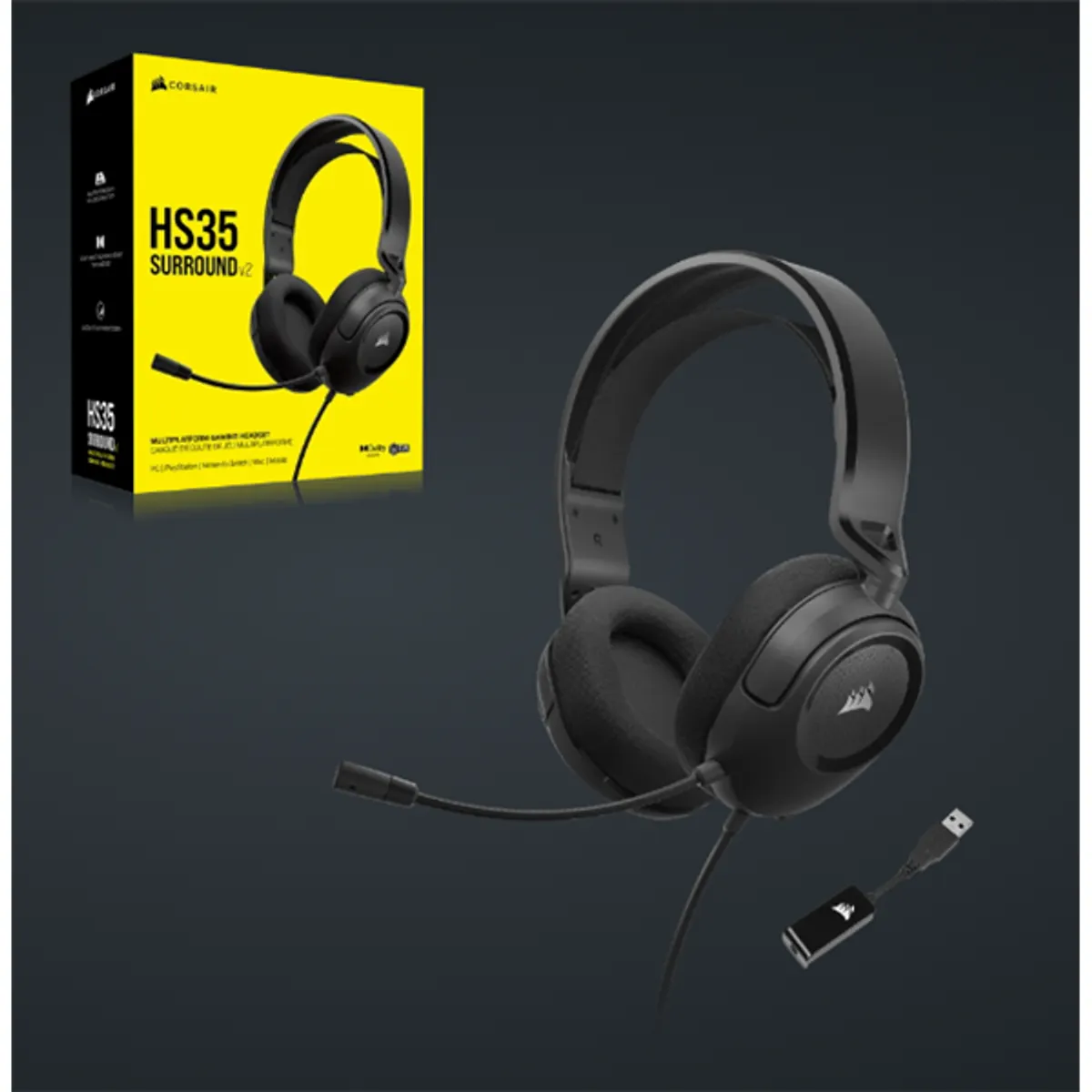 Corsair CA-9011386-EU HS35 Surround v2 fejhallgató multiplatformos 50 mm hangszórók 3,5 mm jack USB adapter Dolby surround #10