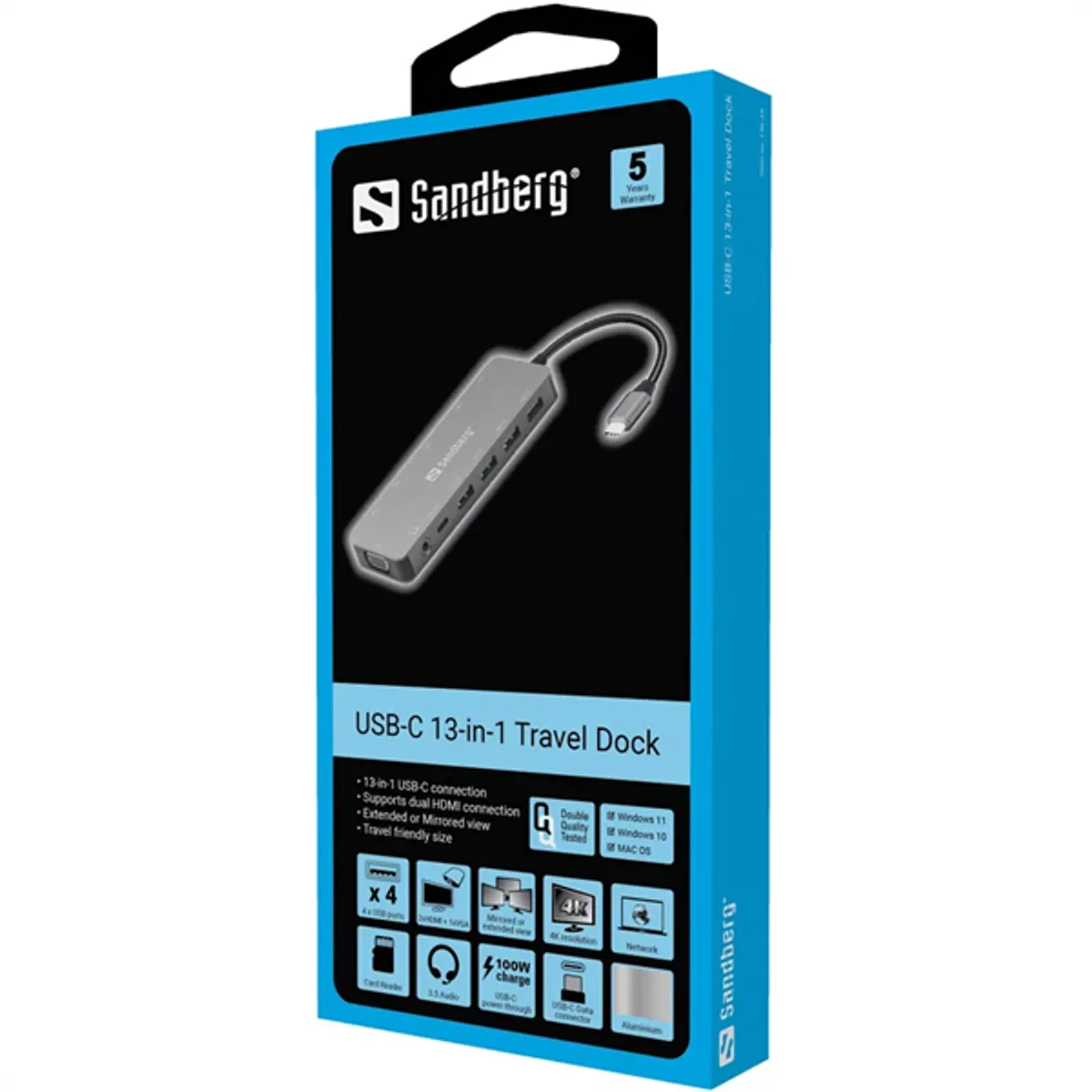 SANDBERG 136-45 USB-C 13-in-1 utazó dokkoló 2x HDMI VGA RJ-45 SD kártyaolvasó 100W PD #3
