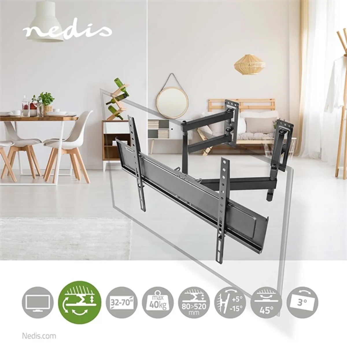 Nedis TVWM5350BK fali TV-tartókonzol 32"-70" forgatható 45 fok dőlés 5-15 fok közötti VESA 100x100 600x400 acél fekete #10