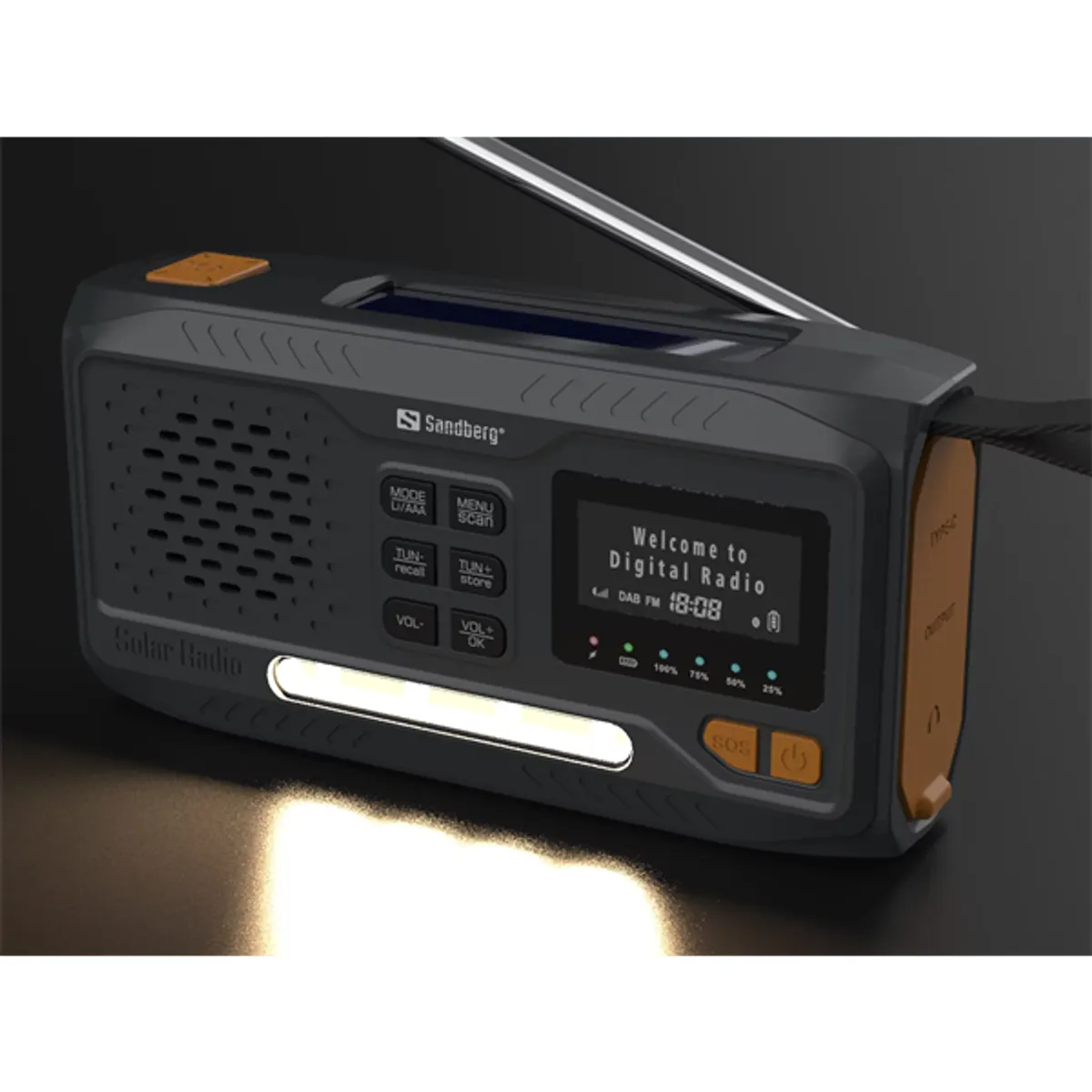 SANDBERG 421-17 Survivor DAB rádió All-in-1 4500 mAh powerbank, Bluetooth 5.0, napelemmel tölthető, kézi hajtás, zseblámpa 1,5 W #4