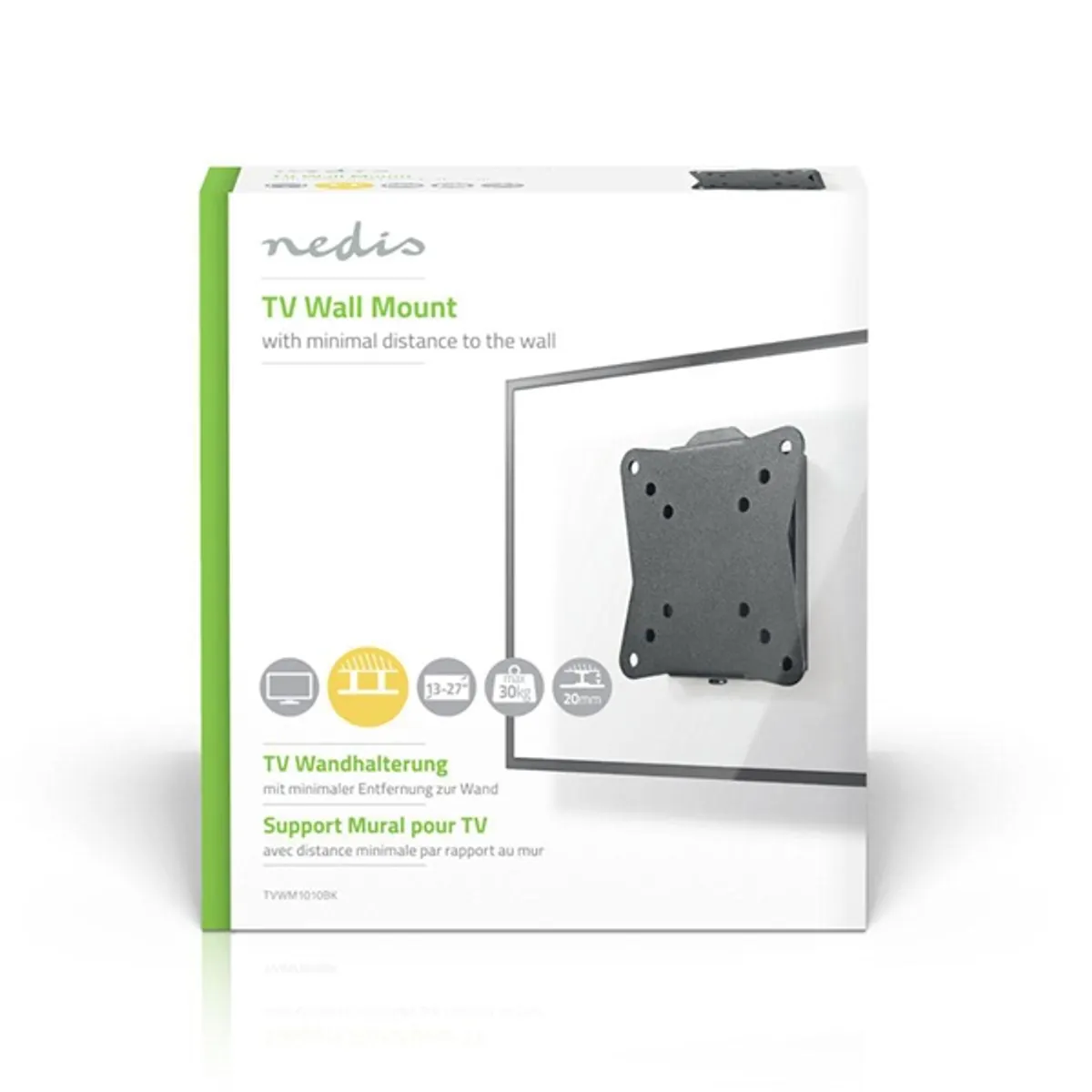 NEDIS TVWM1010BK fali TV-tartó 13-27" 30 kg, faltávolság 20 mm, VESA 50x50 75x75 100x100, acél, fekete #4