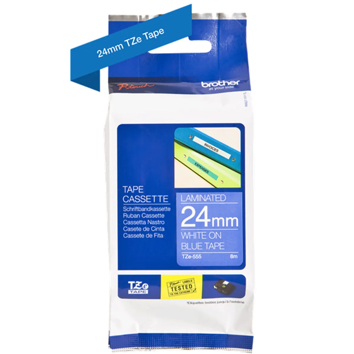 Brother TZE555 laminált címkéző szalag 24mm 8m fehér felirat kék alapon #3