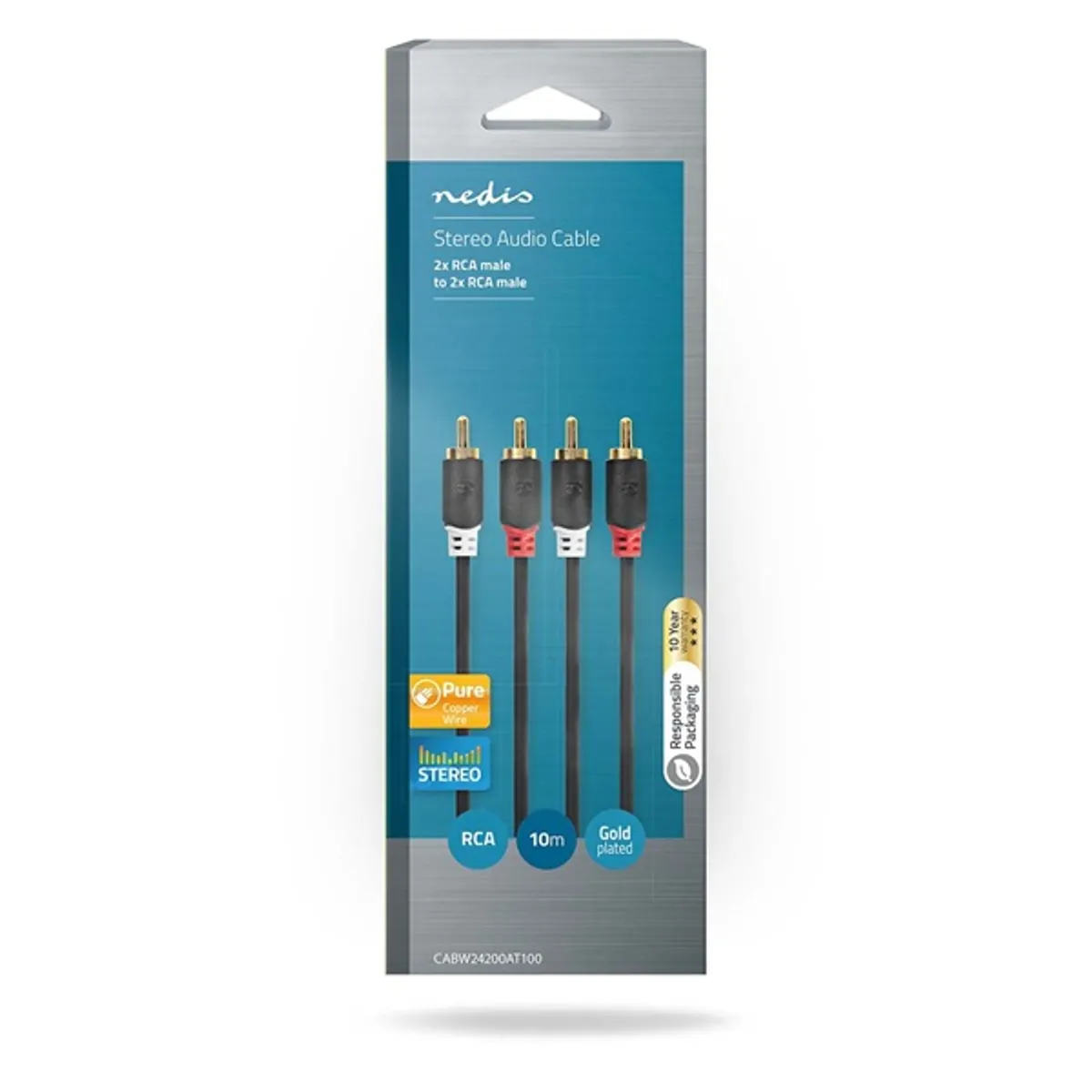 Nedis CABW24200AT100 sztereo audió kábel 2x RCA férfi aranyozott érintkezők, 10 m, árnyékolt, rugalmas húzásmentesítő, antracit #3
