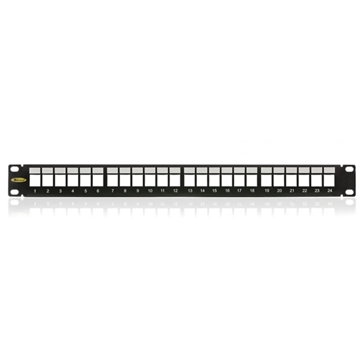 KELINE KEP-EMPTY-S patch panel 1U fekete üres 24 db keystone 19" integrált hátsó kábel-menedzsment M6 csavar készlet 4 db földelő csavar #2
