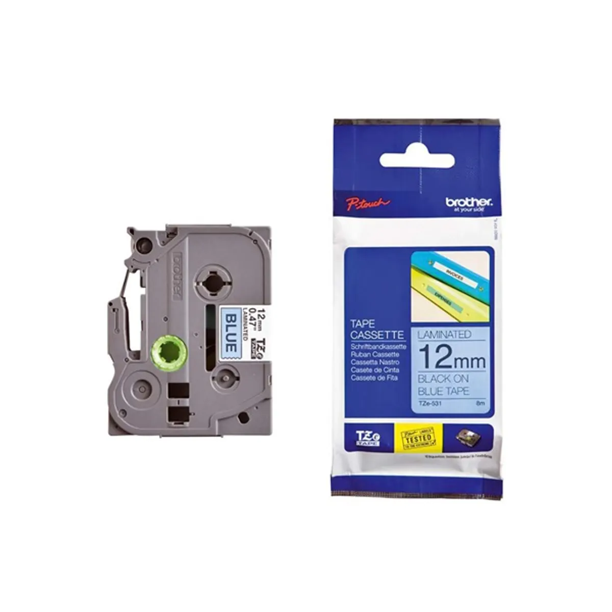 BROTHER TZE531 laminált címkéző szalag 12mm 8m kék alapon fekete #2