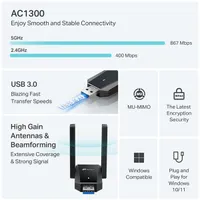 TP-LINK ARCHER T5U PLUS Archer T5U Plus USB 3.0 2.4 GHz és 5 GHz 1300 Mbps Windows kompatibilis 802.11ac n g b #2