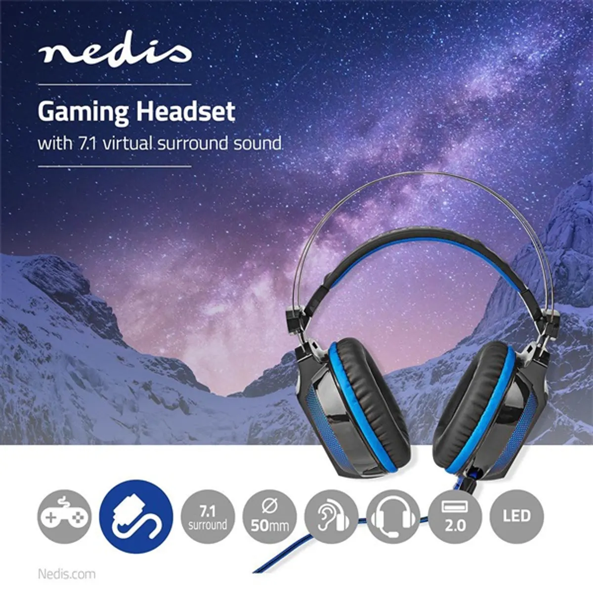 NEDIS GHST500BK Gaming fülhallgató térhatású USB 2,1 m hajlítható mikrofon fekete-kék #7