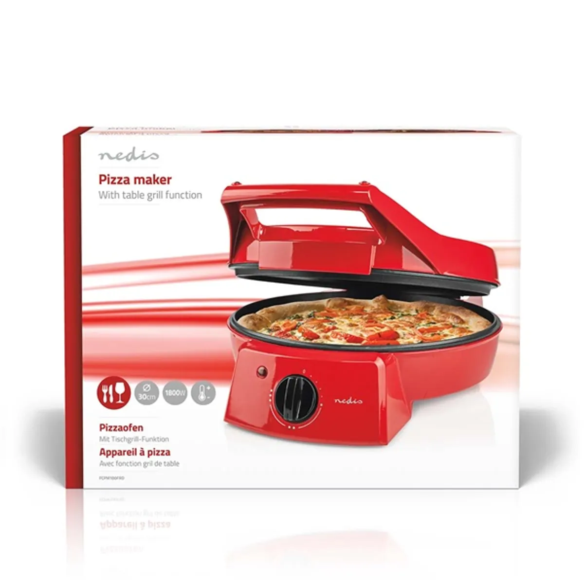 NEDIS FCPM100FRD pizza- és grillsütő 30 cm 1800 W 230 °C 180 nyitás tapadásmentes bevonat hideg érintésű fogantyú használatra kész jelzőfény #4
