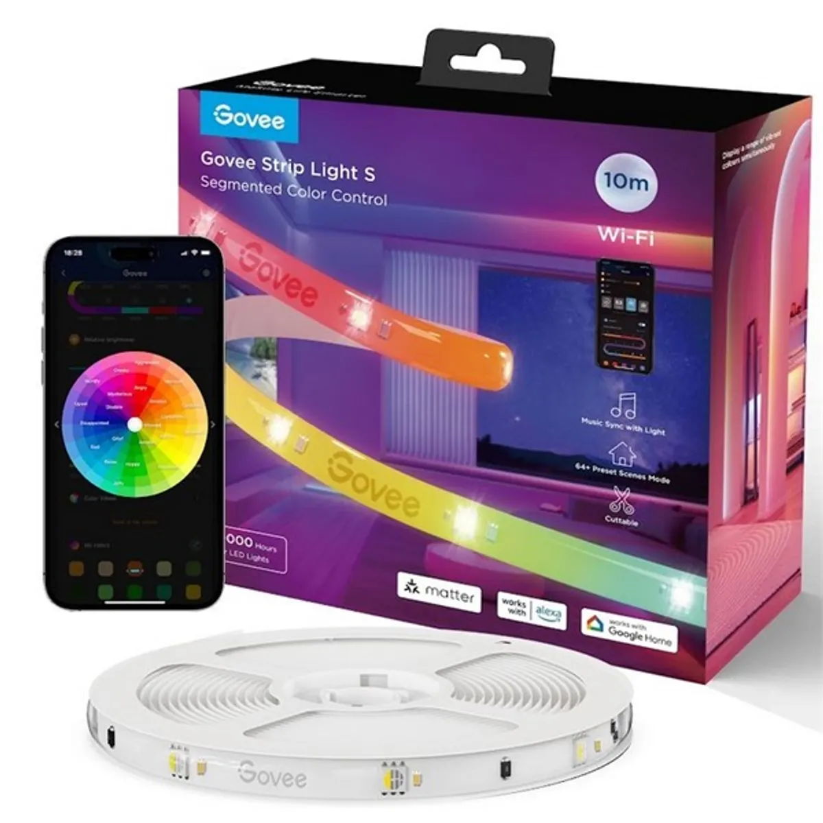 GOVEE GOVH612C RGBICW 10m LED szalag fehér, 24LEDs per m App vezérlés, 2.4GHz WiFi és Bluetooth, Alexa Google Assistant Matter #1
