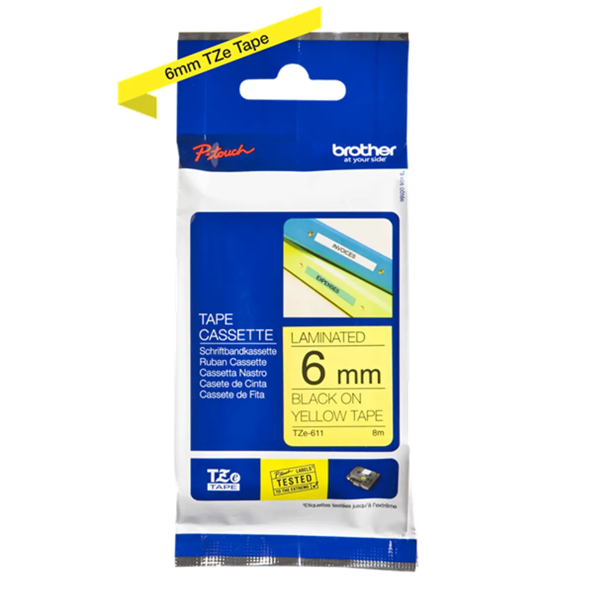 BROTHER TZE611 laminált szalag 6 mm 8 m sárga alapon fekete #2