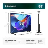 HISENSE 58A6S 58" 4K UHD okos LED televízió AI Upscaler AI Smooth Motion Játék mód Plus VRR ALLM Dolby Vision DTS Virtual:X VIDAA Voice #2