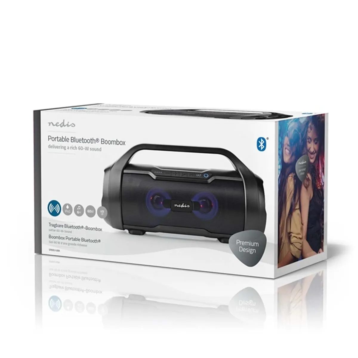 Nedis SPBB310BK Partymagnó Bluetooth 5.0 40 W RMS 120 W csúcs 3000 mAh IPX5 10 m hatótávolság USB AUX microSD fekete #7