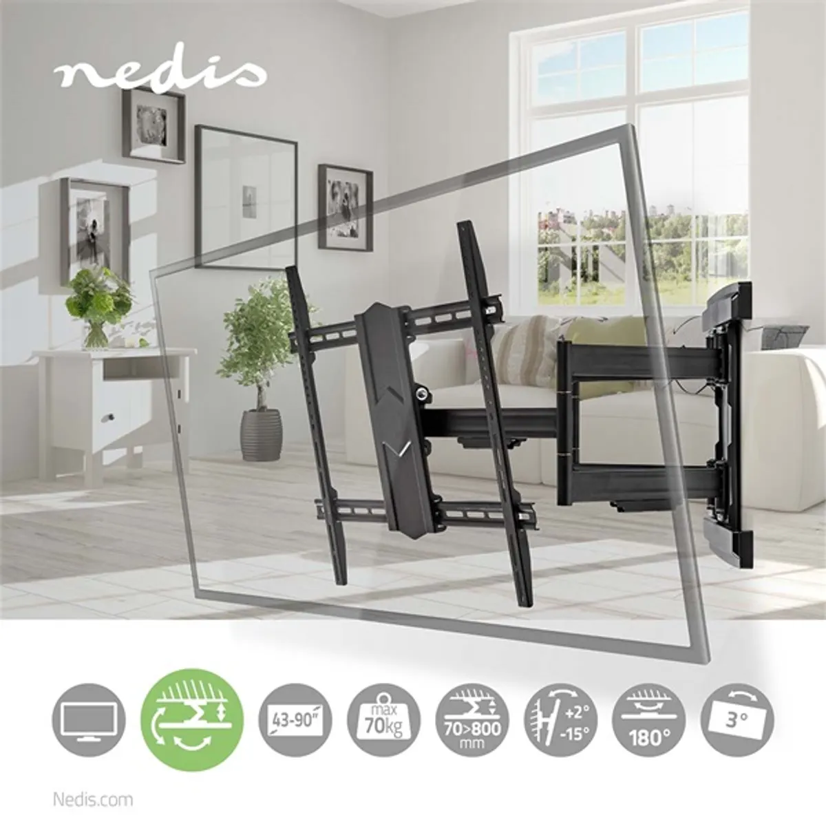 Nedis TVWM6570BK szabadon mozgatható TV-tartókonzol 43-90" 70 kg, dönthető 15°, forgatható 180°, faltól 70-800 mm, VESA 300x200 600x600 800x600 #1