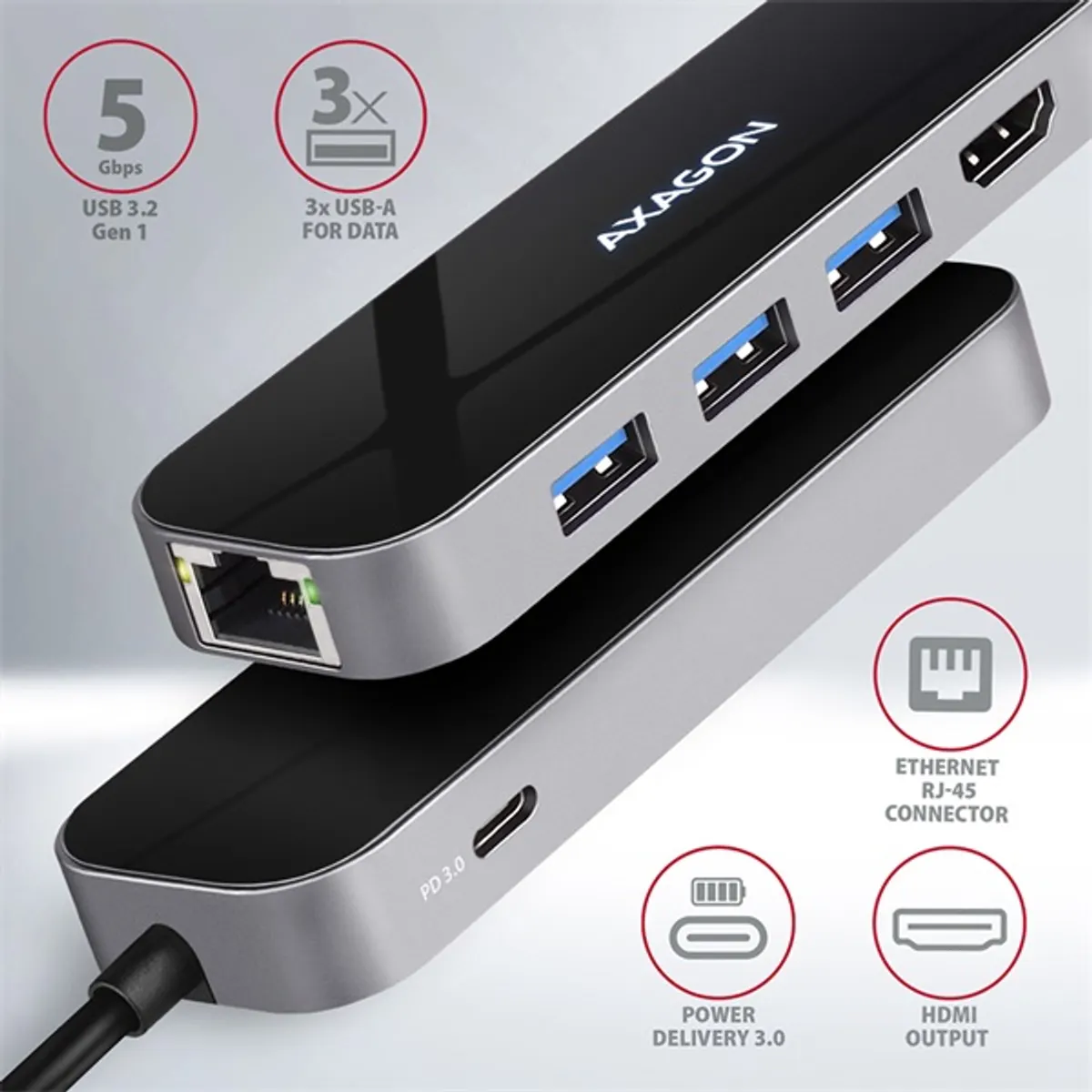 AXAGON HMC-6GL 6 az 1-ben USB-C dokkoló 3x USB 3.2 Gen1 HDMI 4K30 RJ-45 Gigabit PD #2