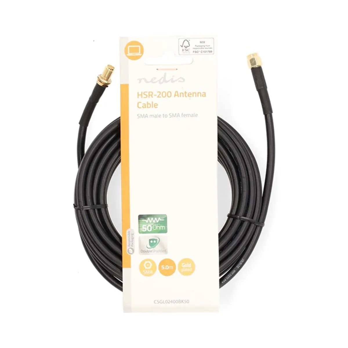 Nedis CSGL02400BK50 SMA kábel férfi-nő, aranyozott érintkezők, 50 Ohm, kettős árnyékolású, 5 m, fekete PVC-kábelköpeny, törésgátló #3