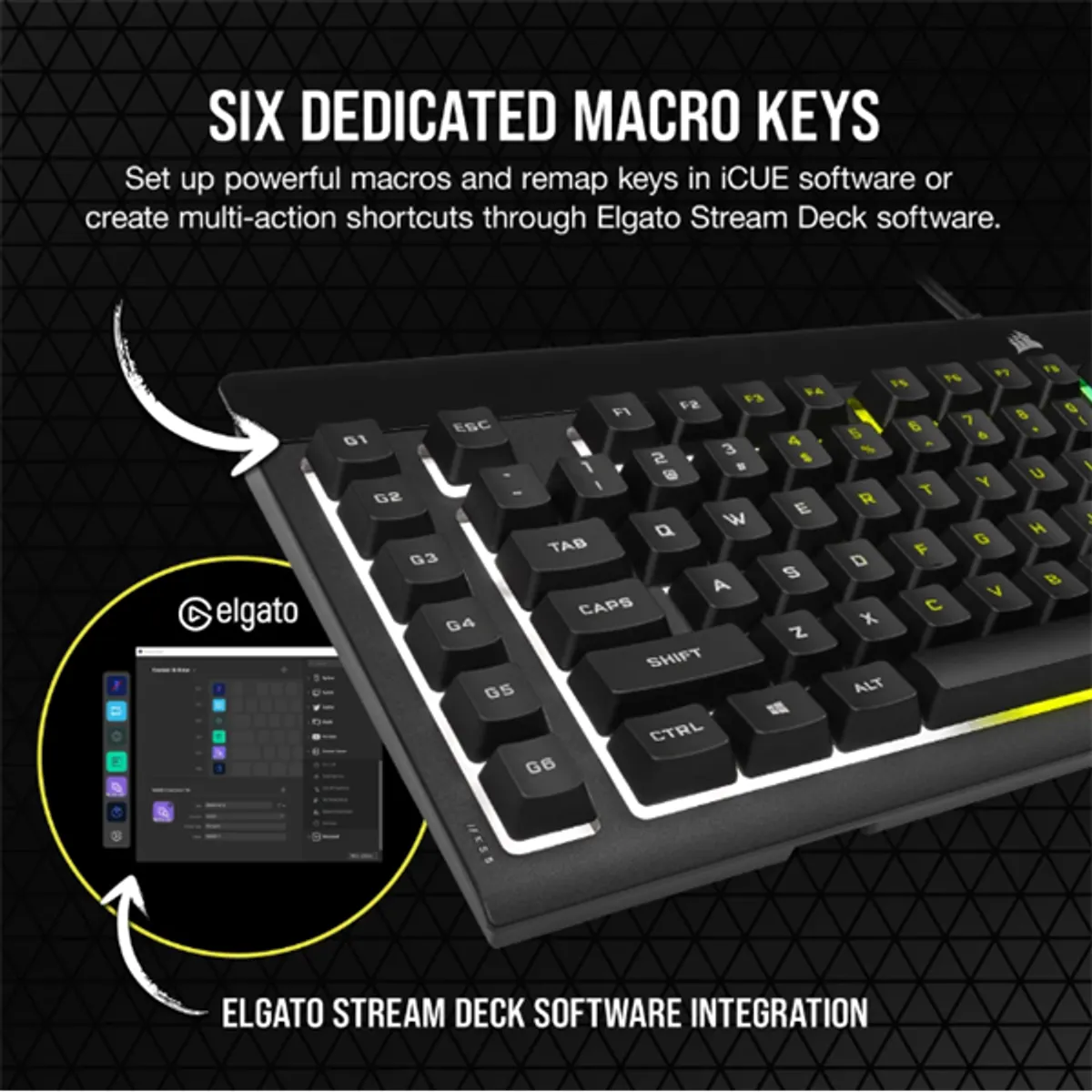 Corsair CH-9226765-NA K55 RGB Pro 5 zónás RGB háttérvilágítás IP42 por- és fröccsenésálló Levehető csuklótámasz 6 makrógomb #3