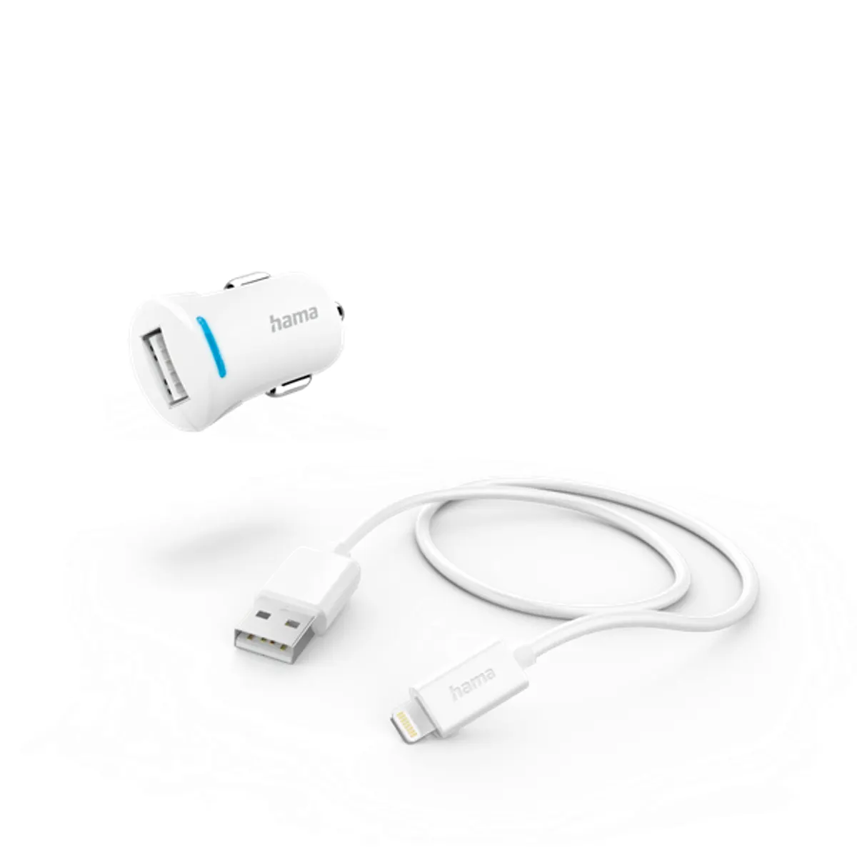 HAMA 00201610 autós töltő szett USB-A-Lightning kábel 1 m, 12 W, 5V 2,4A, LED kijelző, fehér, 12-24 V bemenet #1