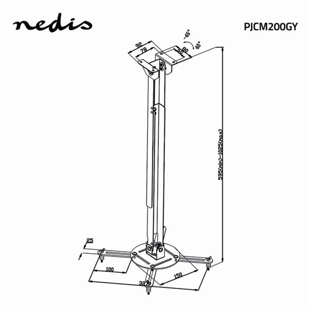 NEDIS PJCM200GY dönthető, forgatható mennyezeti konzol, 4 karos, max 10 kg, furattartomány 185-327 mm, min 550 mm max 1000 mm #9