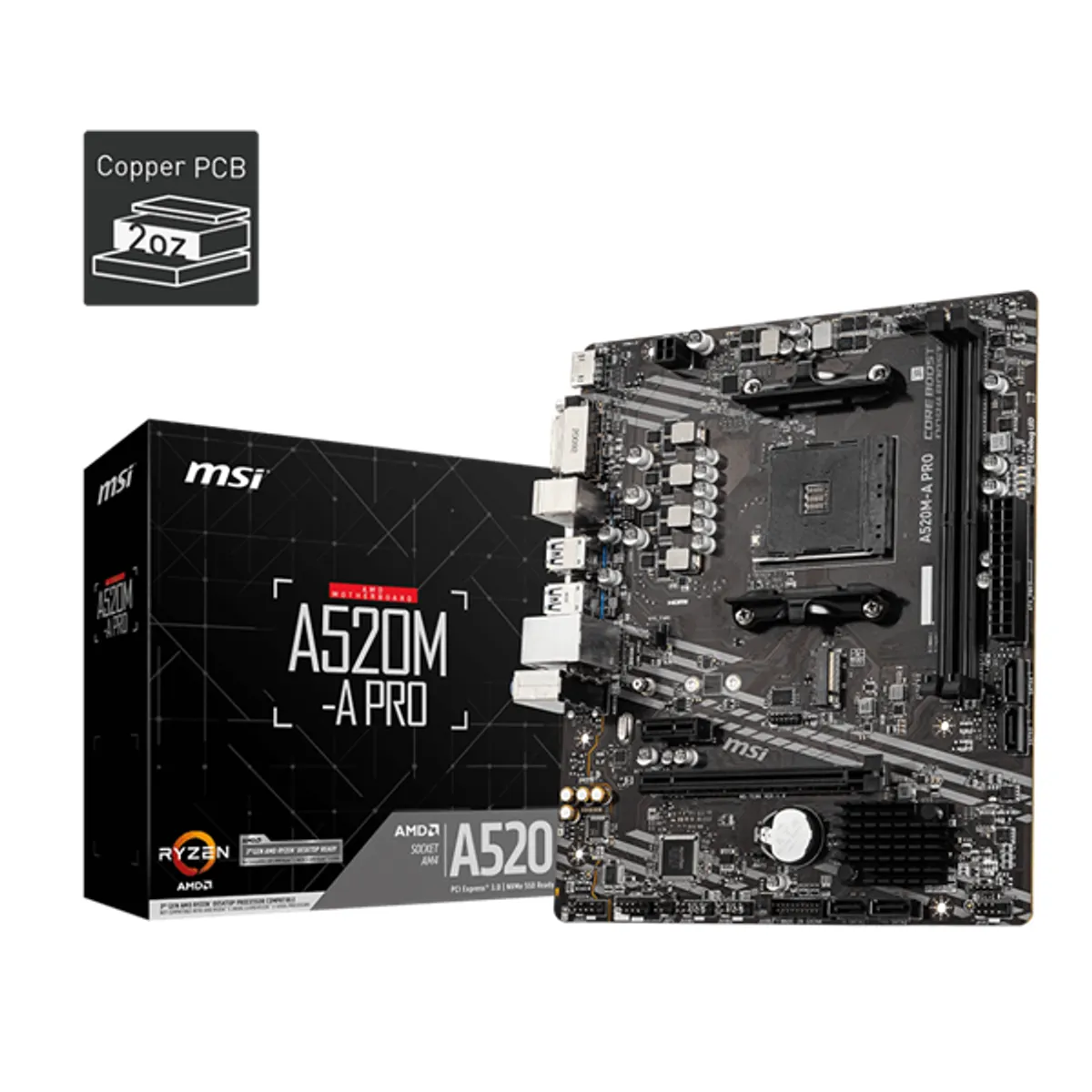 MSI PCC A520M-A PRO am4 mATX alaplap 32 GB DDR4 3200 MHz PCIe 3.0 x16 HDMI DVI LAN 1 Gbps RAID #1