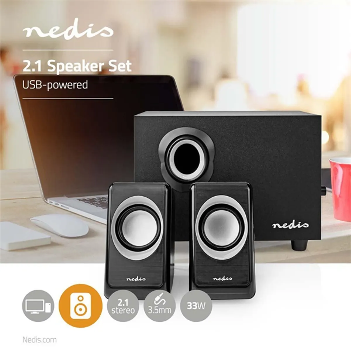 NEDIS CSPR10021BK 2.1 hangszóró 33 W 3,5 mm USB tápellátású 2 db szatelit #5