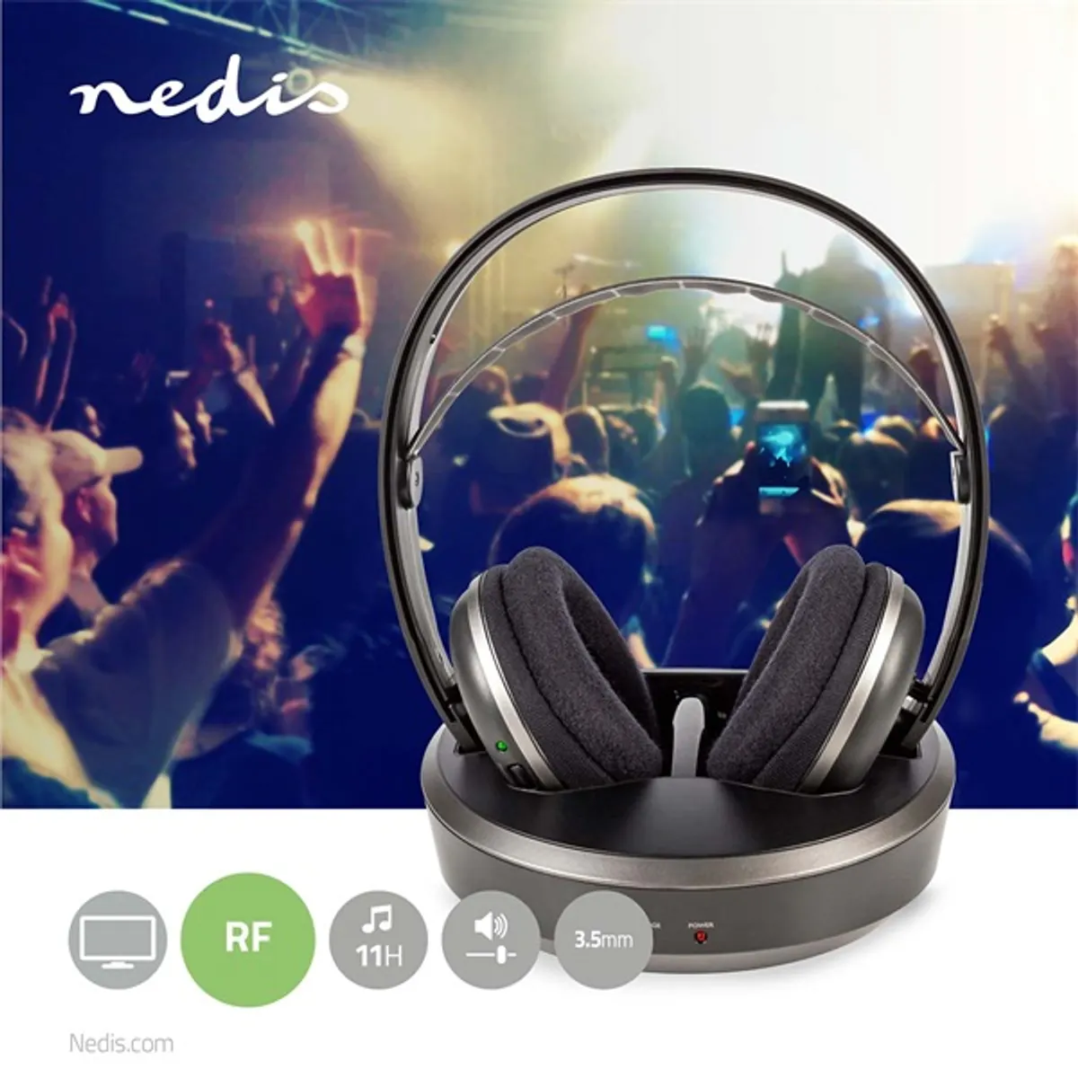 Nedis HPRF210BK vezeték nélküli fejhallgató 40 mm, 100 m hatótávolság, töltőállomás, USB-C #1