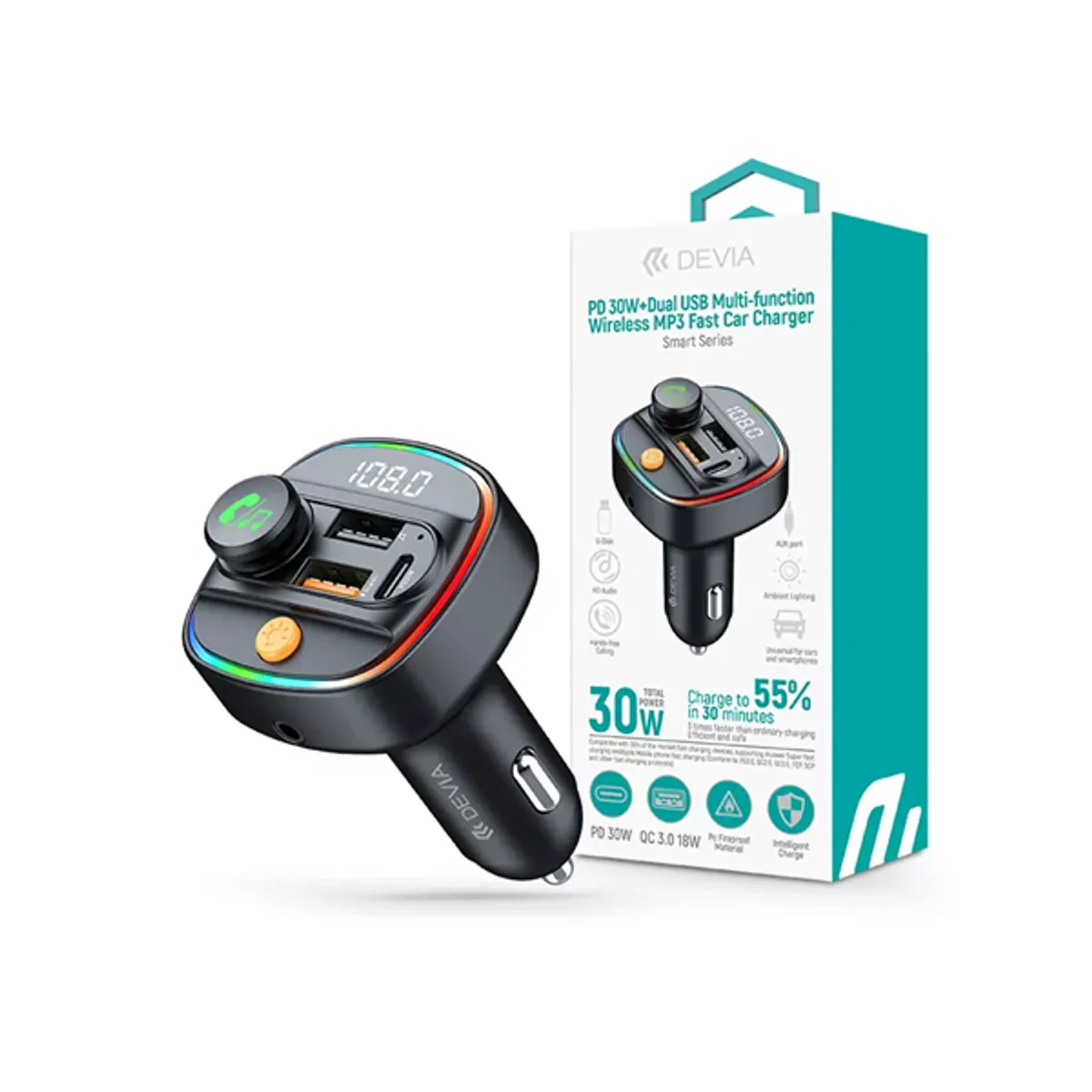 DEVIA ST112513 Smart Series autós gyorstöltő PD 30W QC3.0 2xUSB USB-C 12-24V FM-transmitter BT5.3 memóriás lejátszás #1