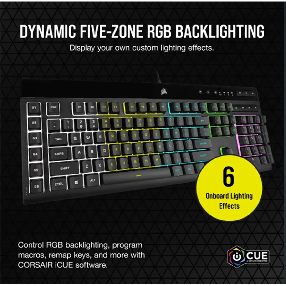 Corsair CH-9226765-NA K55 RGB Pro 5 zónás RGB háttérvilágítás IP42 por- és fröccsenésálló Levehető csuklótámasz 6 makrógomb #2