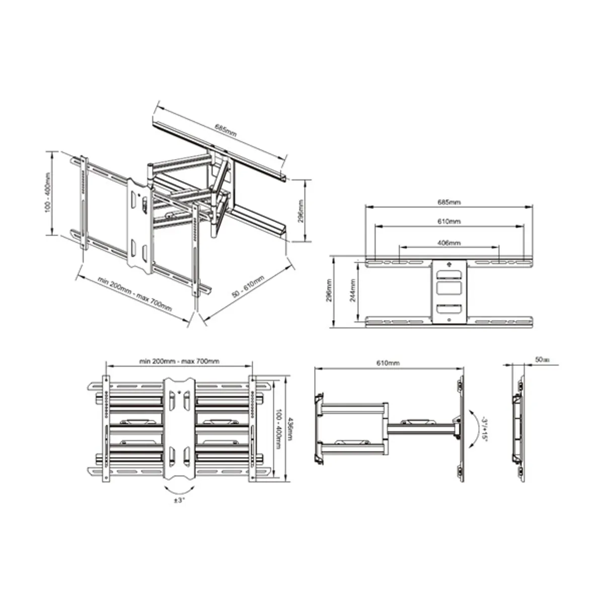 MULTIBRACKETS 7350073735471 M Universal Flexarm Pro 60 kg Heavy Duty Fekete 55-85" VESA 200x200-700x400 Távolság falhoz 50-610 mm #7