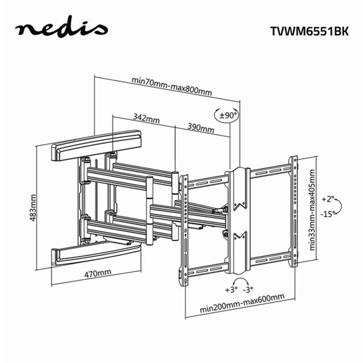 NEDIS TVWM6551BK tv-tartókonzol 37-80" 70 kg, VESA 200x100-600x400, forgatható 0-180°, dönthető 15°, 6 forgáspont #8