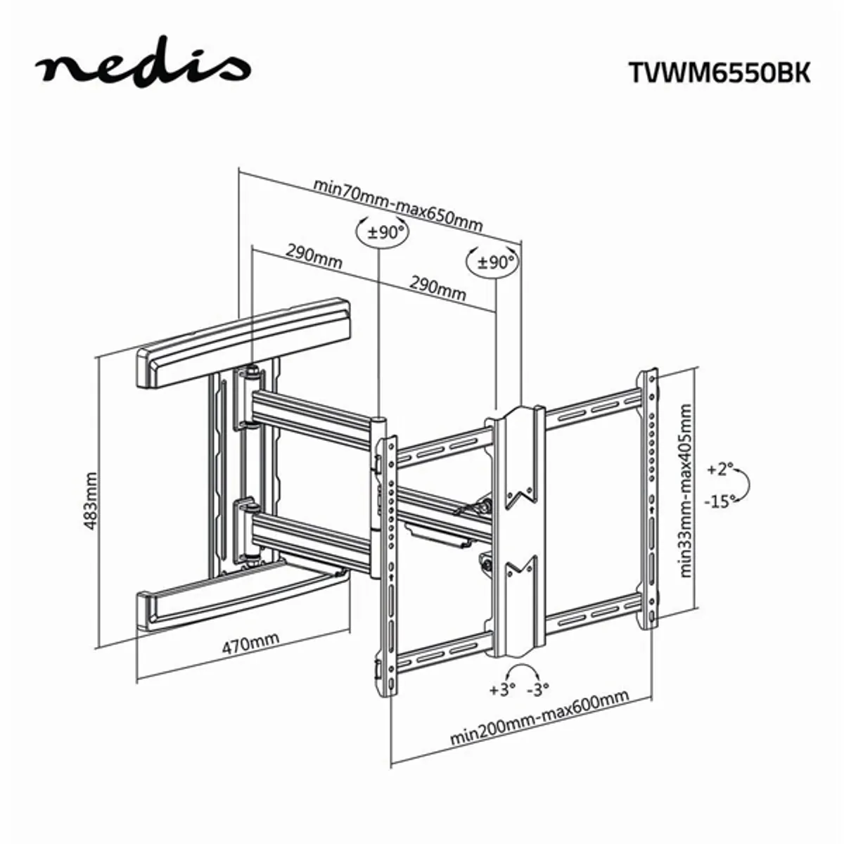 Nedis TVWM6550BK szabadon mozgatható fali TV-tartókonzol 37-80" forgatható 0-180 dönthető 15-17 #8