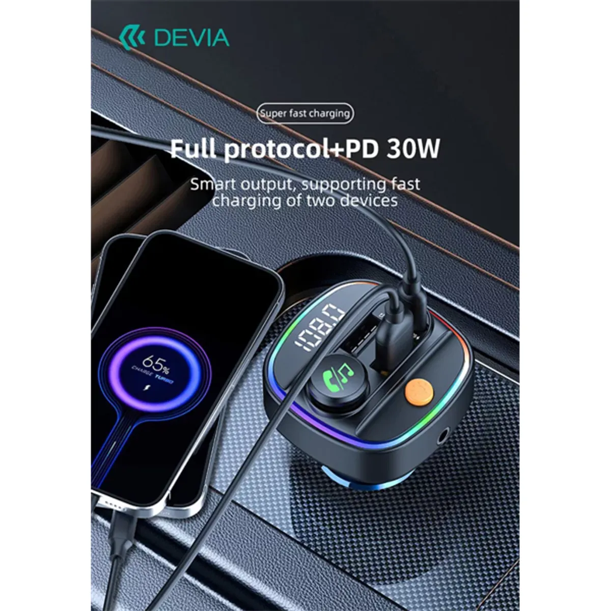 DEVIA ST112513 Smart Series autós gyorstöltő PD 30W QC3.0 2xUSB USB-C 12-24V FM-transmitter BT5.3 memóriás lejátszás #2
