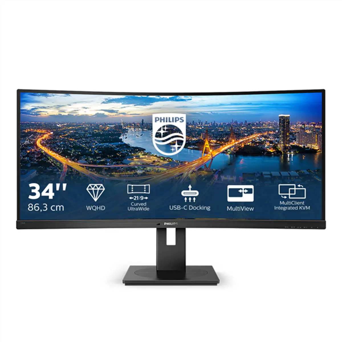 PHI MON 346B1C/00 monitor 34" ívelt VA 3440x1440 100Hz 4ms 3000-1 HDMI DP USB-C 5x USB D-Sub RJ45 Beépített tápegység #1