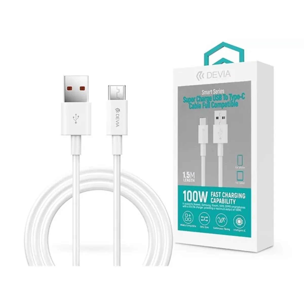 Devia ST344602 Shark SuperCharge USB-A to USB-C töltő- és adatkábel 1,5 m fehér 5A TPE #1