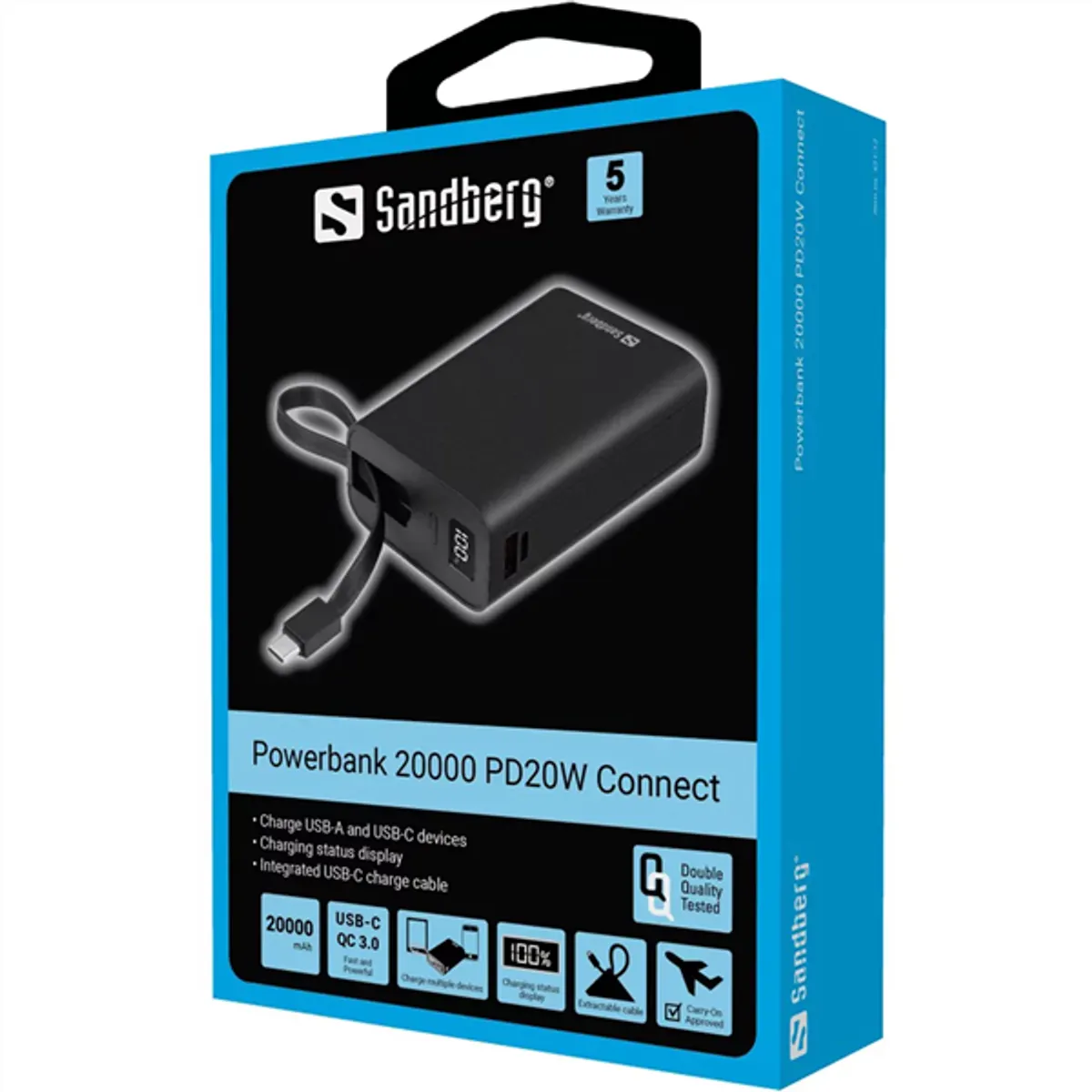 SANDBERG 421-12 Connect 20000 PD20W powerbank 20000 mAh beépített USB-C töltőkábel #4