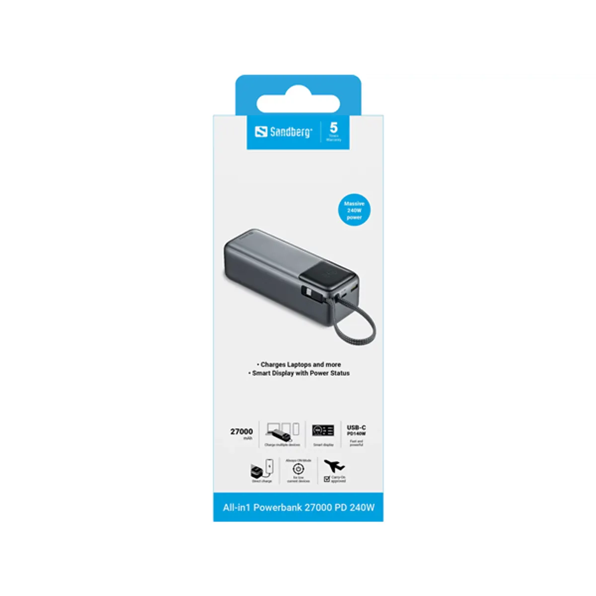 Sandberg 421-31 Akkubank All-in1 Powerbank 27000 mAh PD 240W beépített USB-C kábel 1x USB-C 1x USB-A intelligens kijelző #2