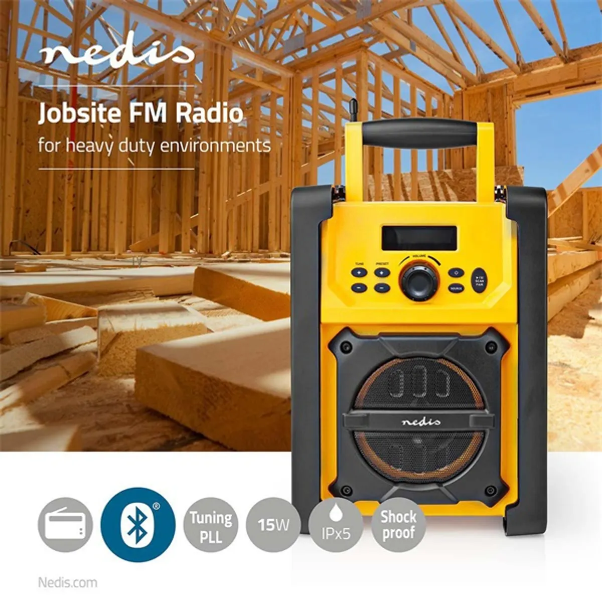 Nedis RDFM3100YW Rádió FM Bluetooth IPX5 15W 20 FM állomás 3,5 mm bemenet hordozó fogantyú #7