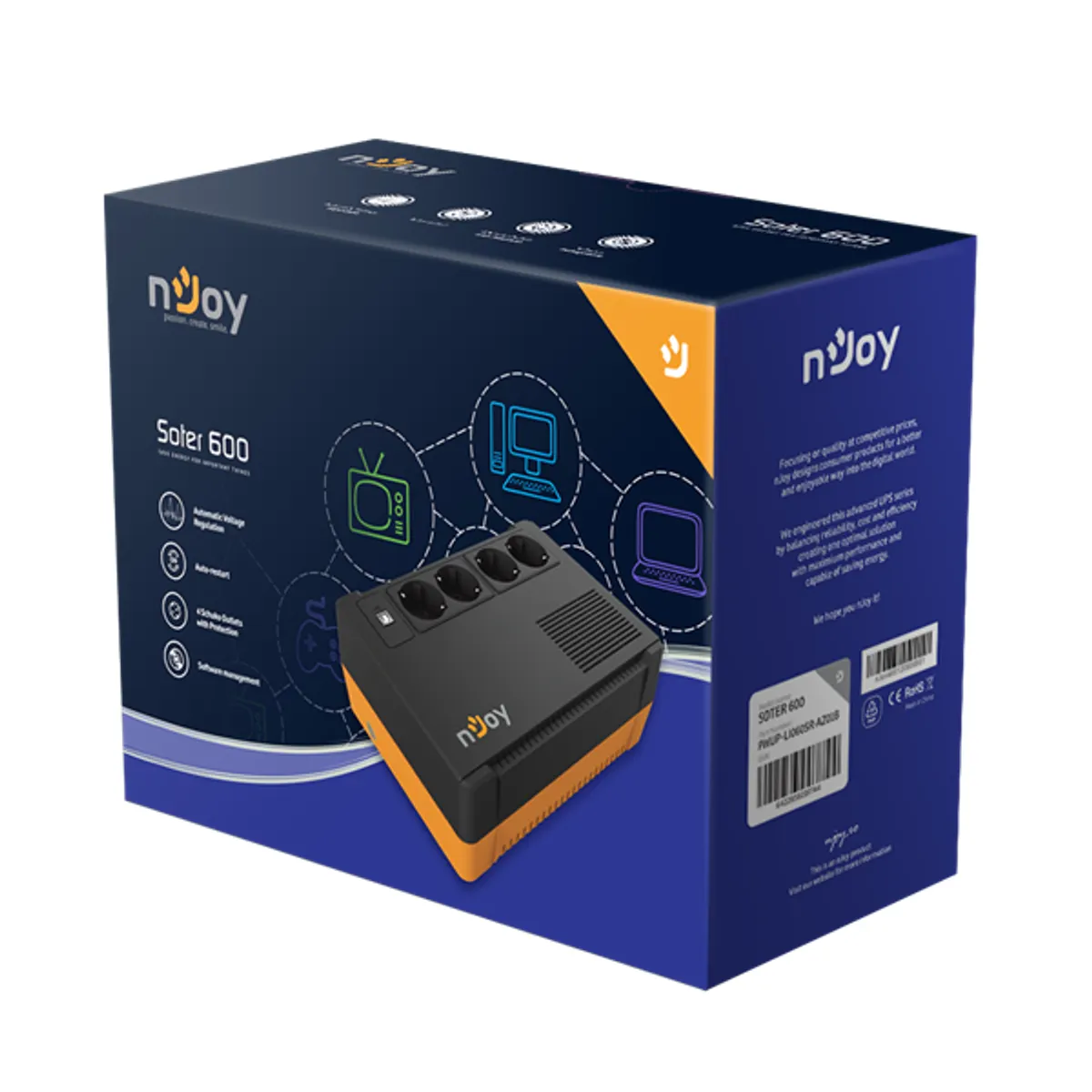 NJOY PWUP-LI060SR-AZ01B Soter 600 600 VA 360 W line-interaktív AVR USB 4 Schuko kimenet RJ45 RJ11 védelem #2